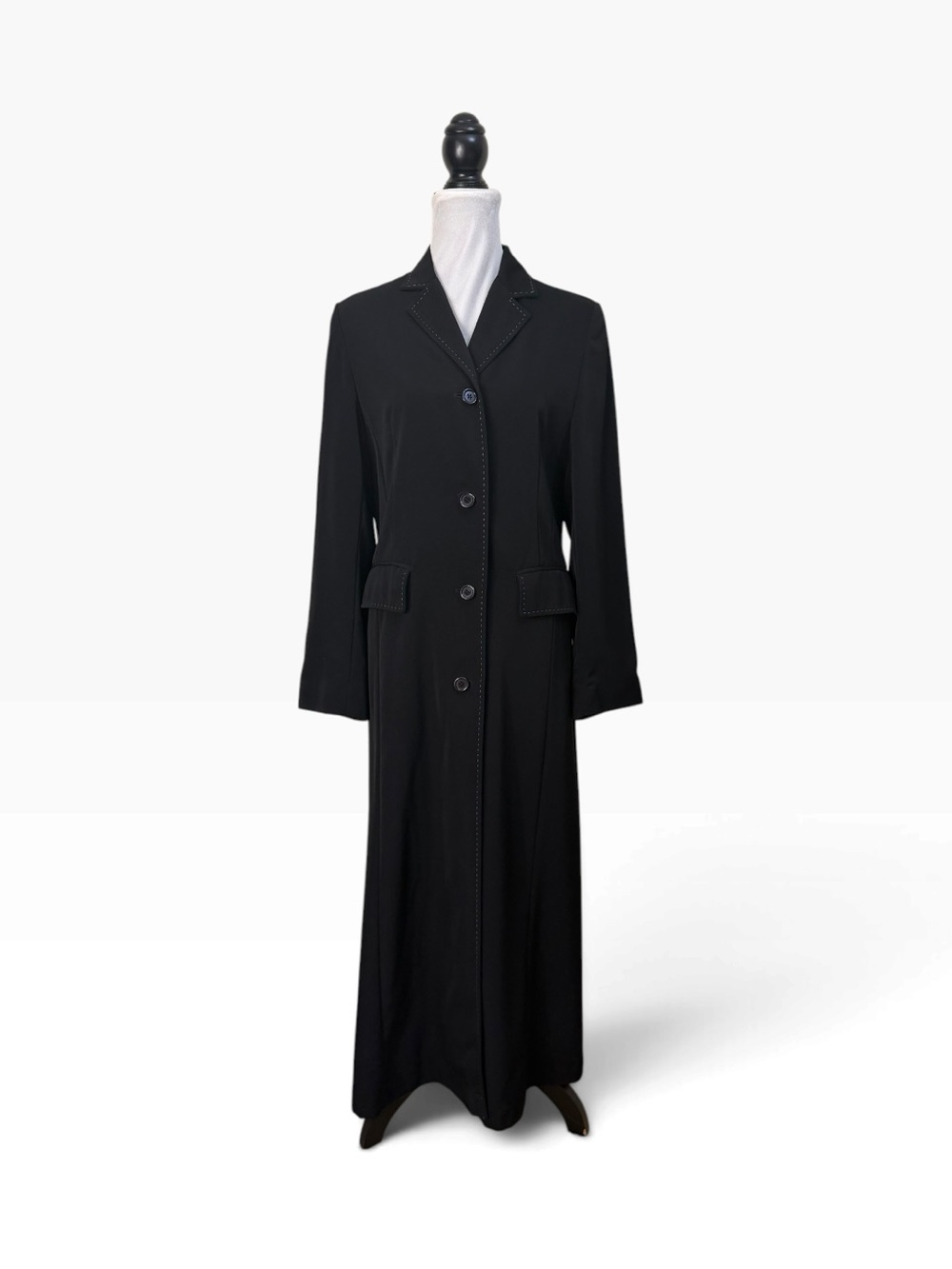 Jones New York Long Black Maxi trench Dress Coat Button Front Over coat size 6